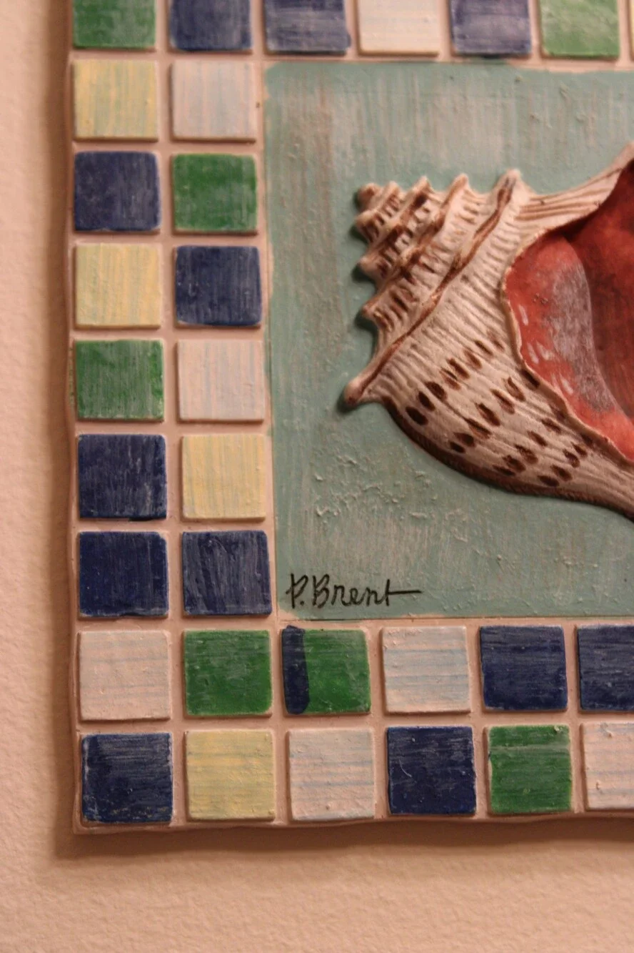 Vintage P Brent Sea Shell Mosaic Tile Wall Art Decor Plaques Conch Scallop 2